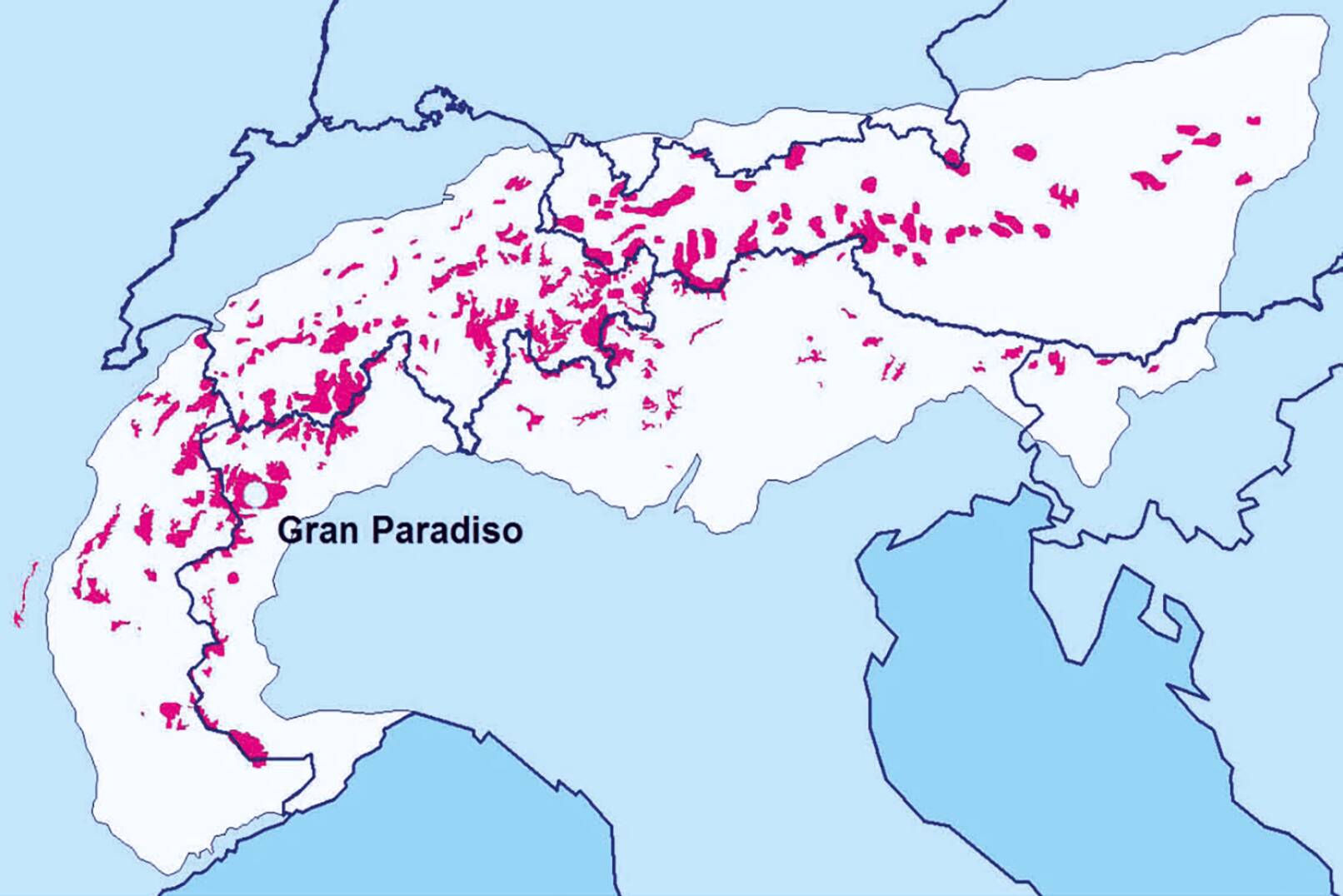Abbildung 4 - Vorkommensgebiete des Steinwildes im ­Alpenraum (rote ­Flächen) sowie ­Ursprungsort aller heute lebender Stein­böcke (Gran ­Paradiso, Italien). - © Grafik Reimoser