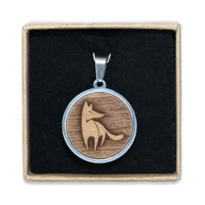 Fuchs-Anhänger aus Edelstahl und Birnenholz