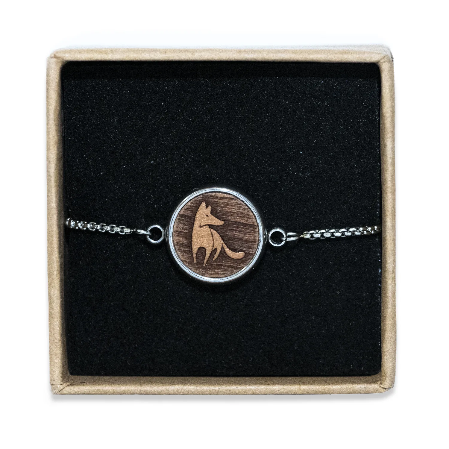Fuchs-Armband aus Edelstahl und Birnenholz