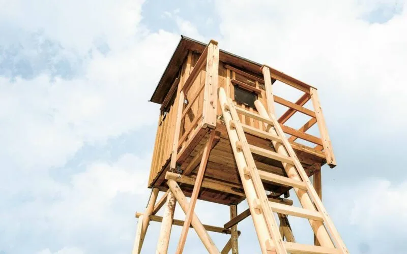 Hochsitz aus Holz mit stabiler Leiter unter blauem Himmel.