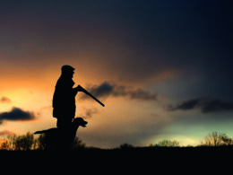 Jäger mit Jagdhund im Sonnenuntergang – Silhouettenaufnahme